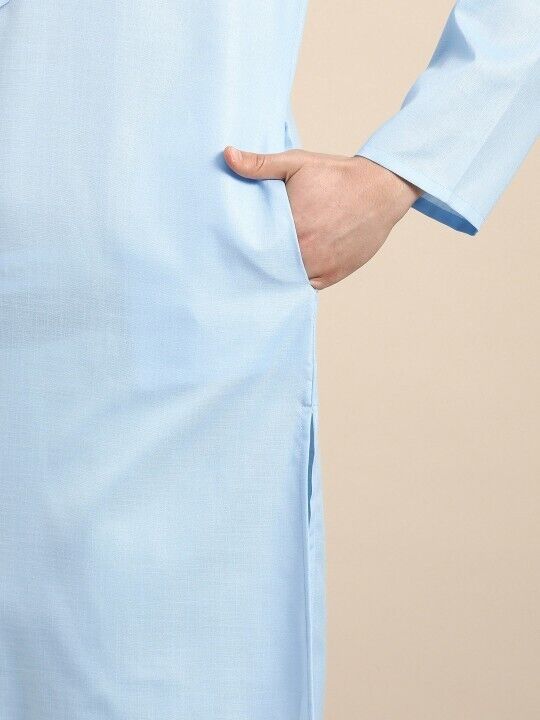 Party Wear Long Cotton Pakistani Men’s Shirt Kurta Pajama Pooja Kurta Sky Blue - 001FASHIONFORWARD