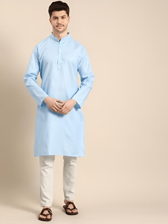 Party Wear Long Cotton Pakistani Men’s Shirt Kurta Pajama Pooja Kurta Sky Blue - 001FASHIONFORWARD