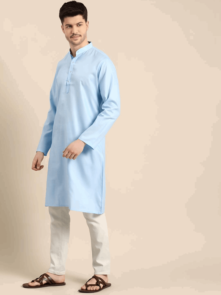 Party Wear Long Cotton Pakistani Men’s Shirt Kurta Pajama Pooja Kurta Sky Blue - 001FASHIONFORWARD