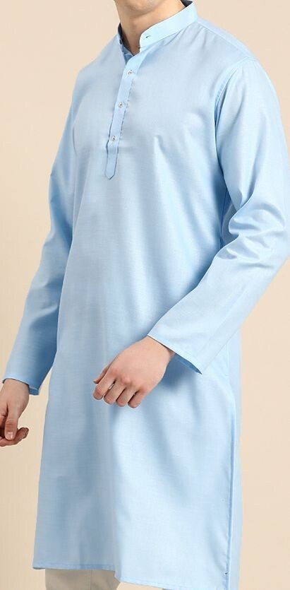 Party Wear Long Cotton Pakistani Men’s Shirt Kurta Pajama Pooja Kurta Sky Blue - 001FASHIONFORWARD