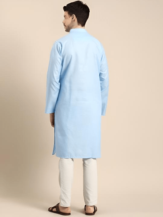Party Wear Long Cotton Pakistani Men’s Shirt Kurta Pajama Pooja Kurta Sky Blue - 001FASHIONFORWARD