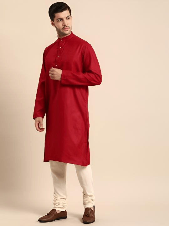 Party Wear Pure Cotton Pakistani Men’s Shirt Long Kurta Pajama Pooja Kurta Red - 001FASHIONFORWARD