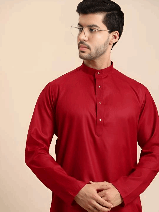Party Wear Pure Cotton Pakistani Men’s Shirt Long Kurta Pajama Pooja Kurta Red - 001FASHIONFORWARD
