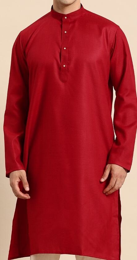 Party Wear Pure Cotton Pakistani Men’s Shirt Long Kurta Pajama Pooja Kurta Red - 001FASHIONFORWARD