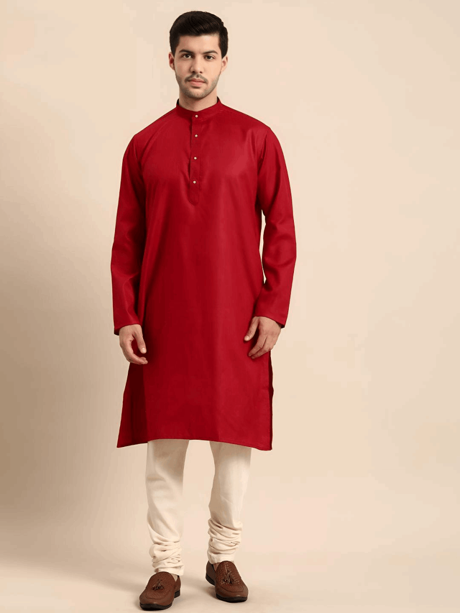 Party Wear Pure Cotton Pakistani Men’s Shirt Long Kurta Pajama Pooja Kurta Red - 001FASHIONFORWARD
