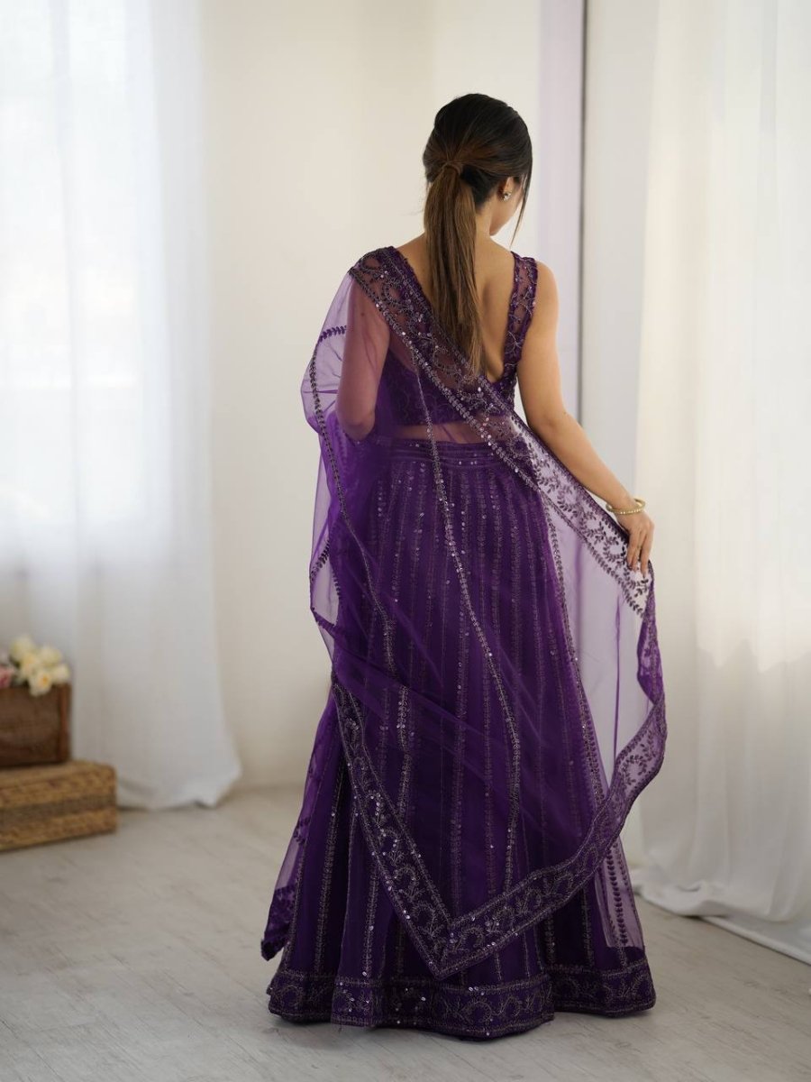 Party Wear Purple Soft Net Lehanga With Sequins And Dori Embroidery - 001FASHIONFORWARD