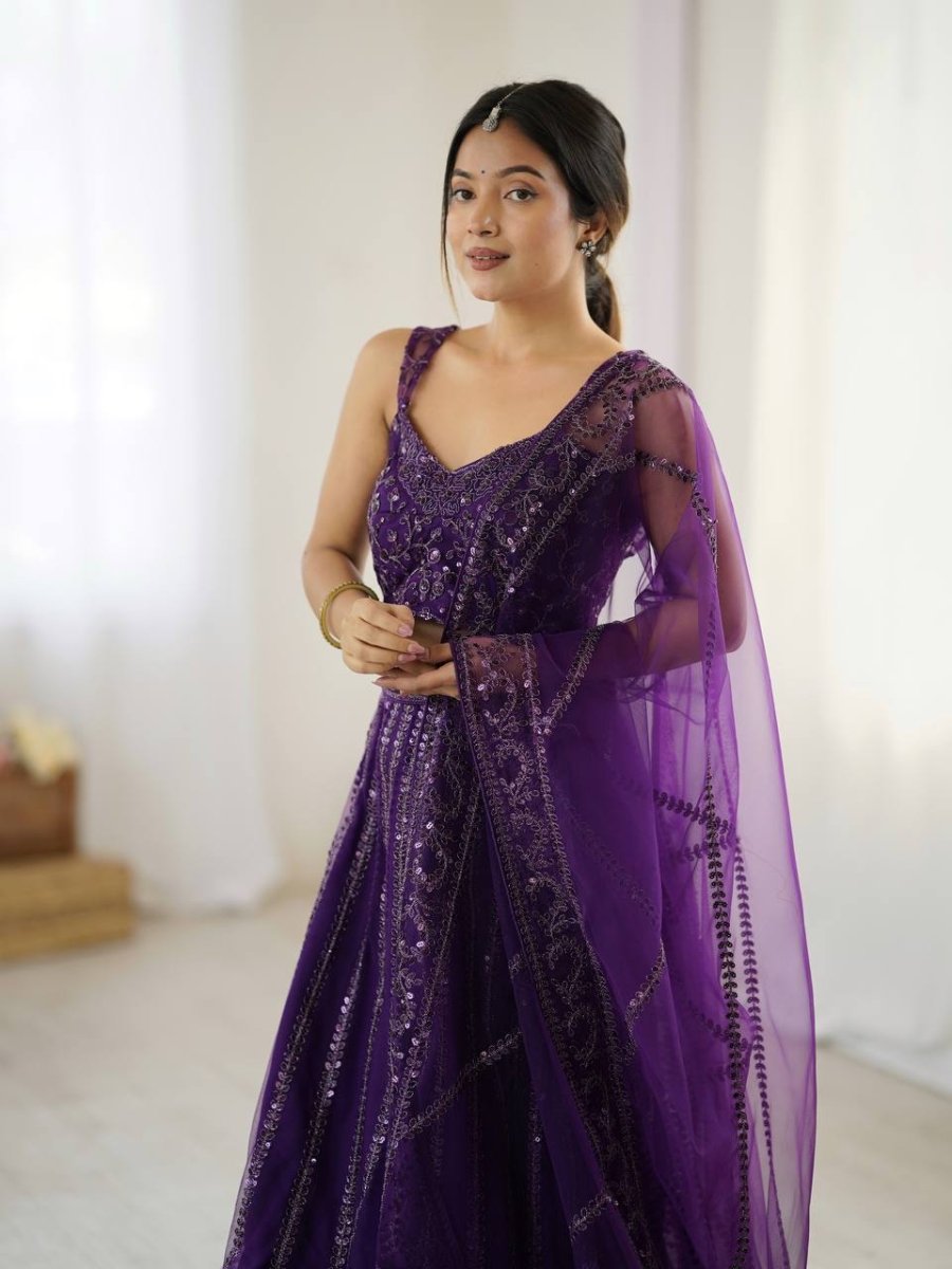 Party Wear Purple Soft Net Lehanga With Sequins And Dori Embroidery - 001FASHIONFORWARD