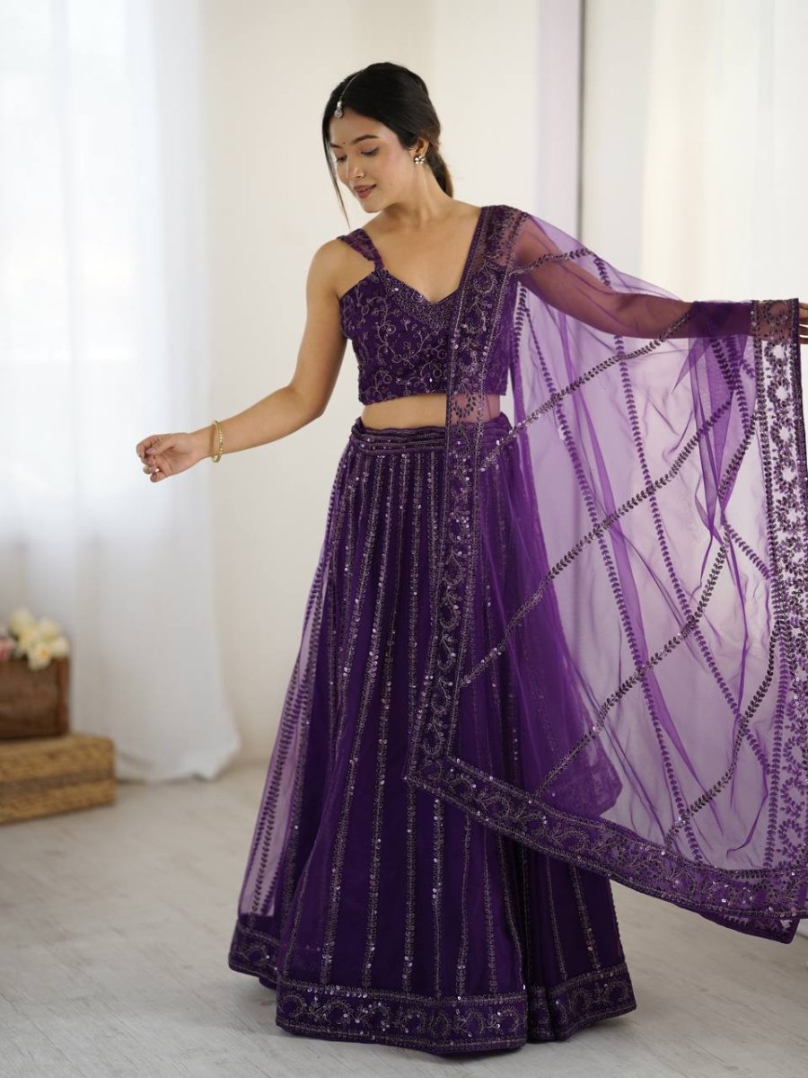 Party Wear Purple Soft Net Lehanga With Sequins And Dori Embroidery - 001FASHIONFORWARD