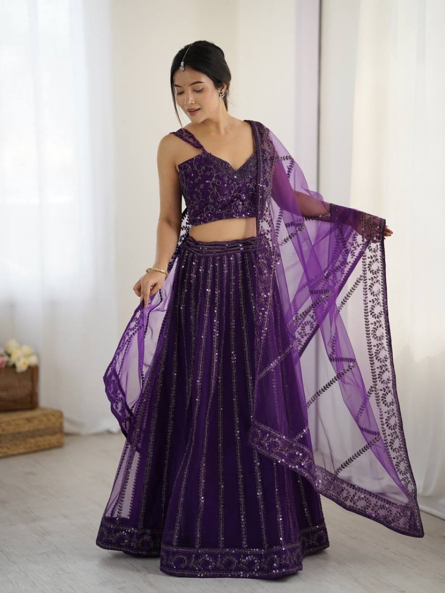 Party Wear Purple Soft Net Lehanga With Sequins And Dori Embroidery - 001FASHIONFORWARD