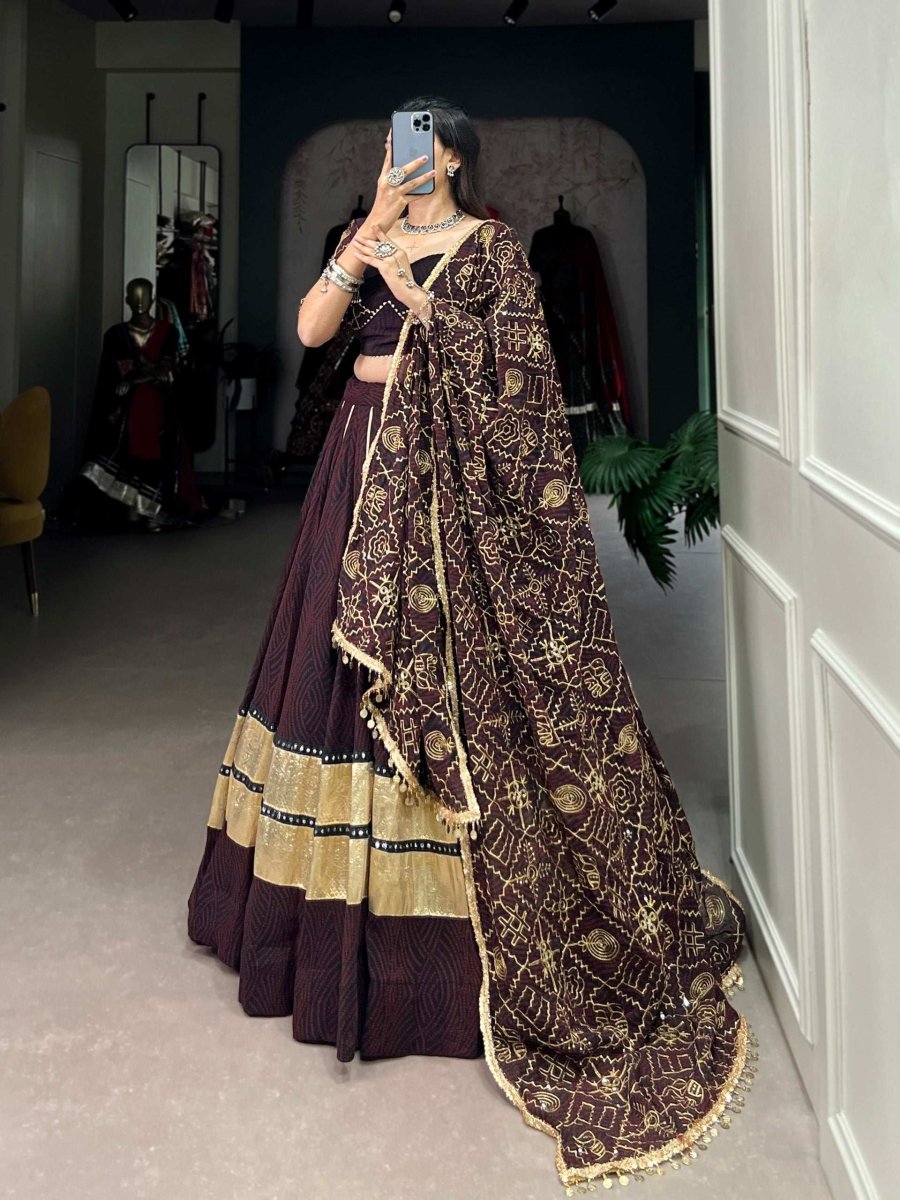Party Wear Readymade Designer Embossed Georgette Lehanga With Mirror Lace - 001FASHIONFORWARD