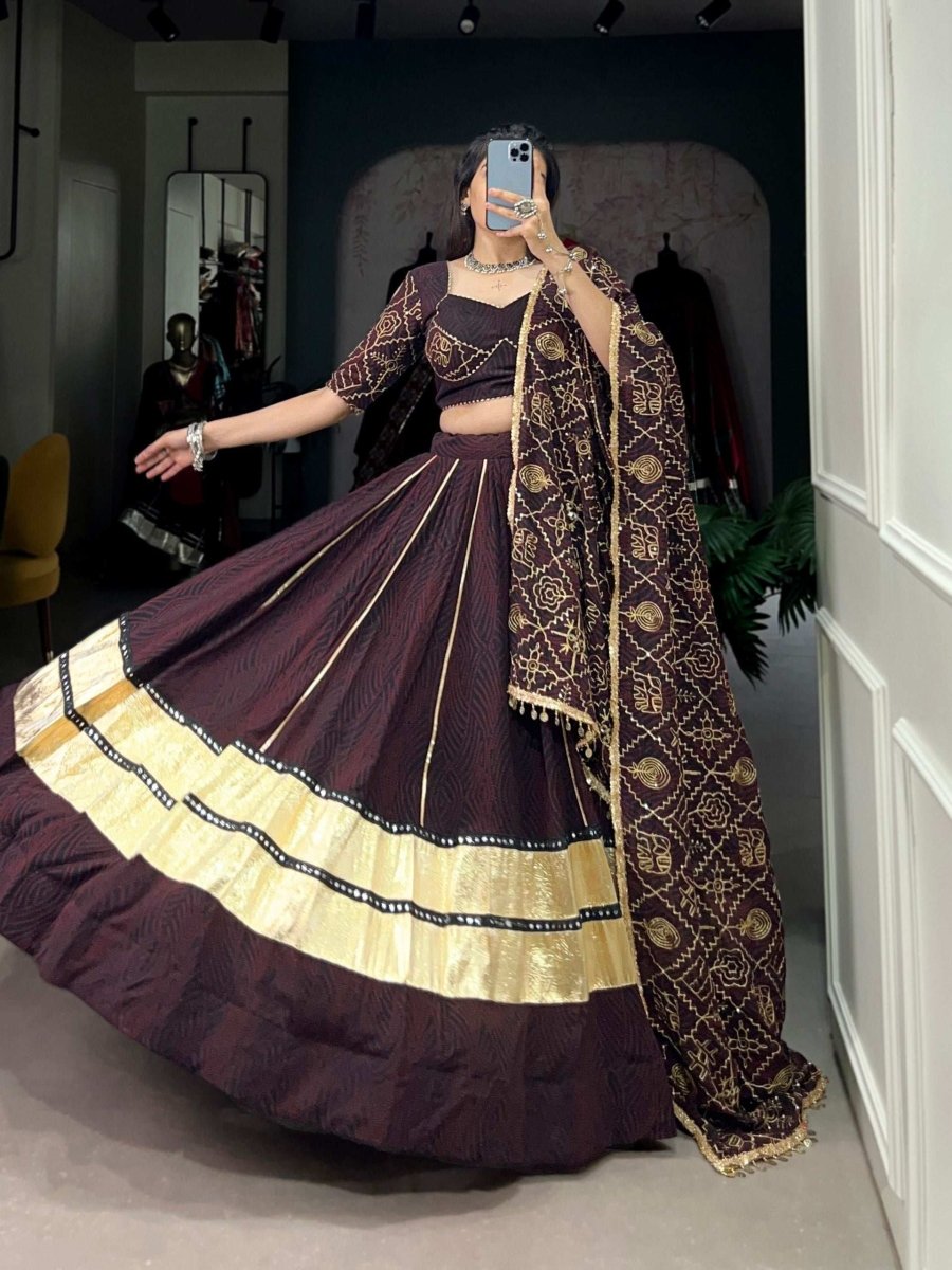 Party Wear Readymade Designer Embossed Georgette Lehanga With Mirror Lace - 001FASHIONFORWARD