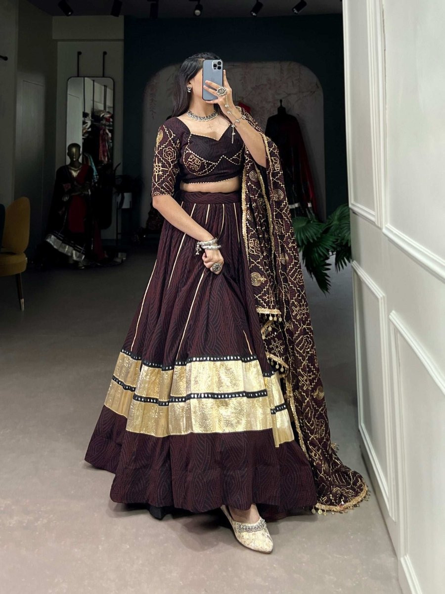 Party Wear Readymade Designer Embossed Georgette Lehanga With Mirror Lace - 001FASHIONFORWARD