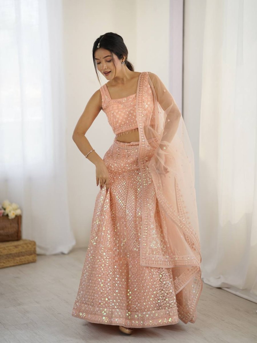 Peach Readymade lehanga With Rainbow Sequin And Dori Embroidery - 001FASHIONFORWARD