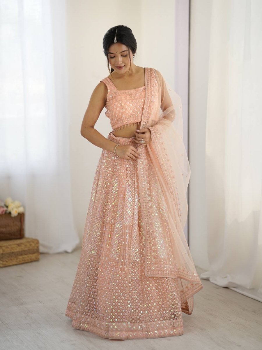 Peach Readymade lehanga With Rainbow Sequin And Dori Embroidery - 001FASHIONFORWARD