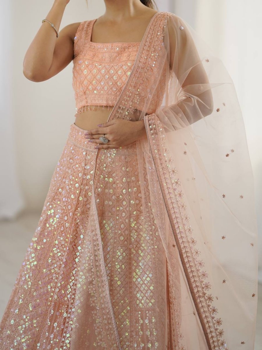 Peach Readymade lehanga With Rainbow Sequin And Dori Embroidery - 001FASHIONFORWARD