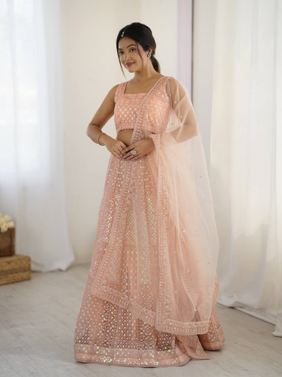 Peach Readymade lehanga With Rainbow Sequin And Dori Embroidery - 001FASHIONFORWARD