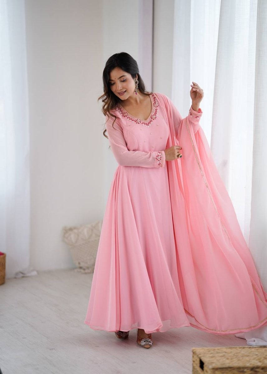 Pink Anarkali Hand Work Gown Set with Pant & Dupatta - 001FASHIONFORWARD