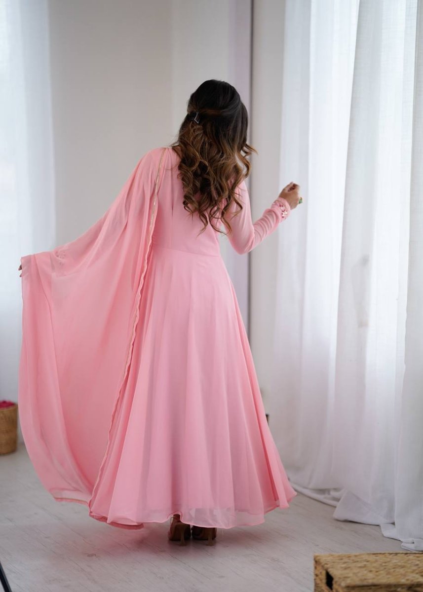 Pink Anarkali Hand Work Gown Set with Pant & Dupatta - 001FASHIONFORWARD