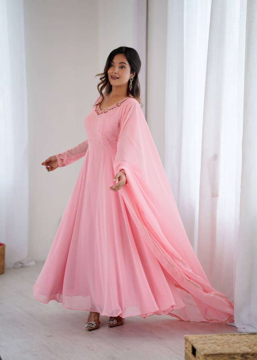 Pink Anarkali Hand Work Gown Set with Pant & Dupatta - 001FASHIONFORWARD