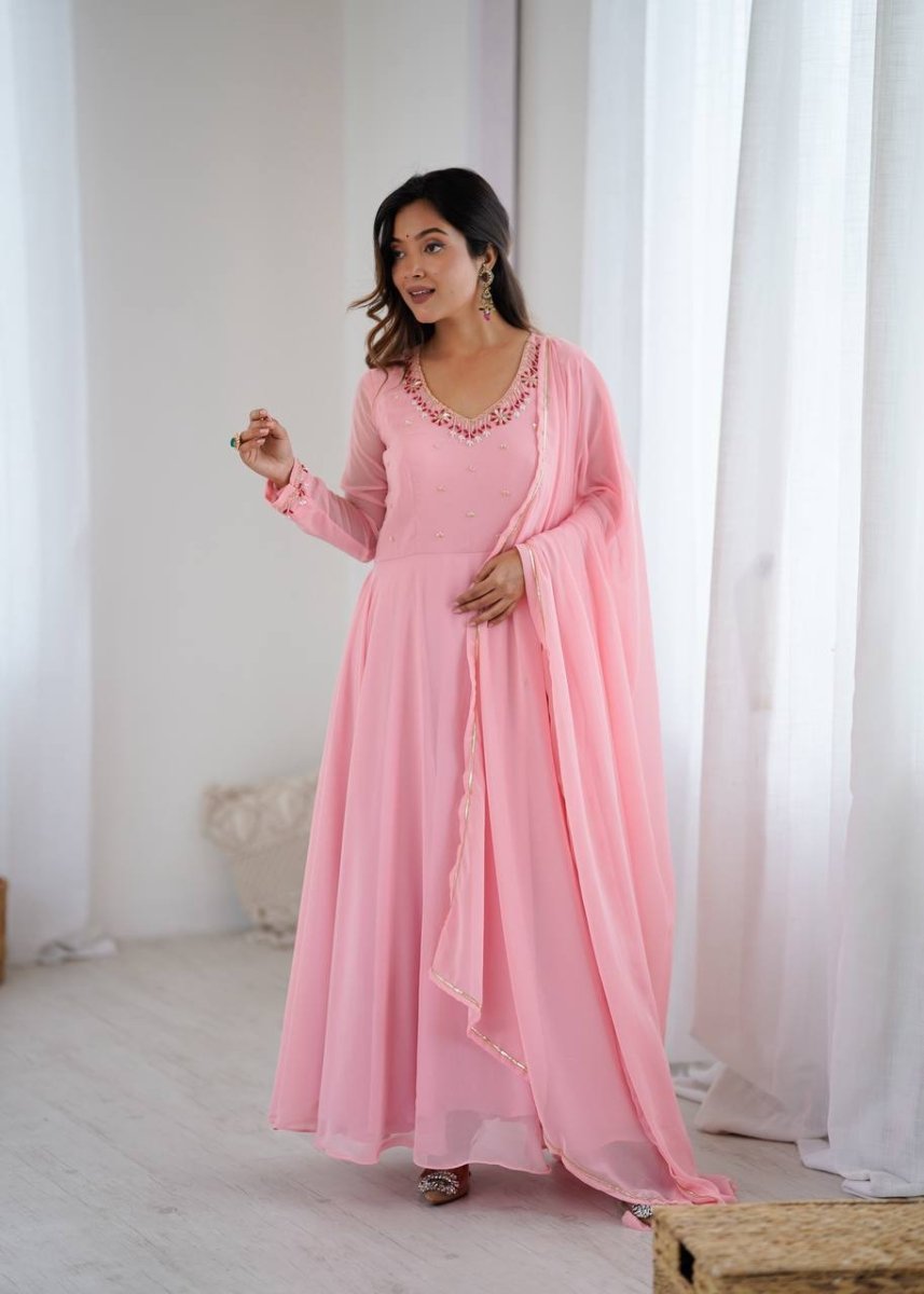 Pink Anarkali Hand Work Gown Set with Pant & Dupatta - 001FASHIONFORWARD