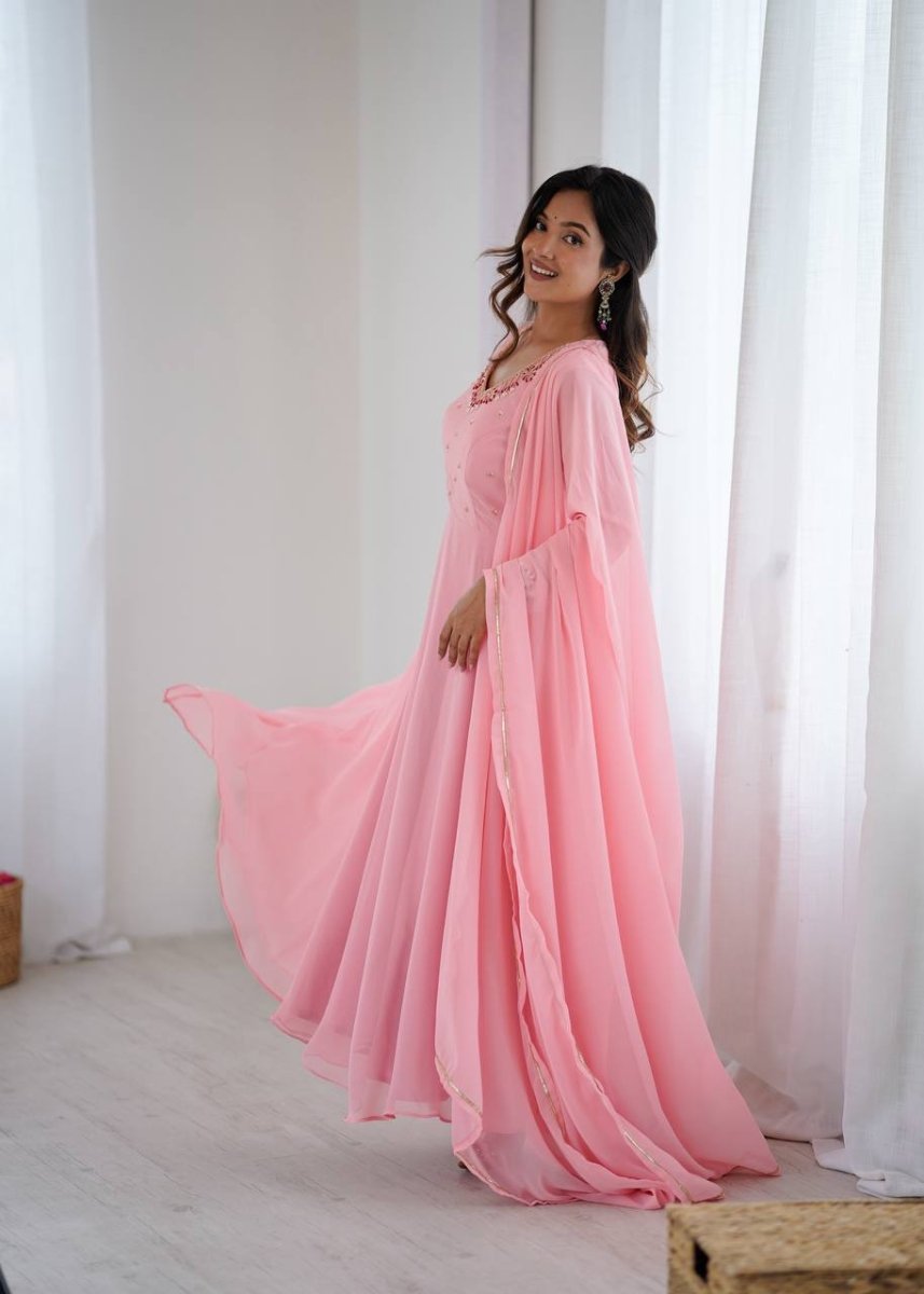 Pink Anarkali Hand Work Gown Set with Pant & Dupatta - 001FASHIONFORWARD