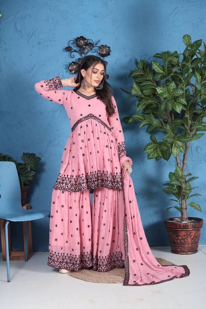 Pink Georgette Sharara Suit WIth Embroidery & Sequence Work - 001FASHIONFORWARD