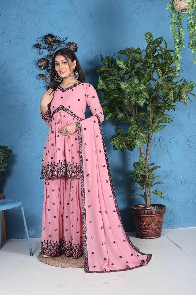 Pink Georgette Sharara Suit WIth Embroidery & Sequence Work - 001FASHIONFORWARD