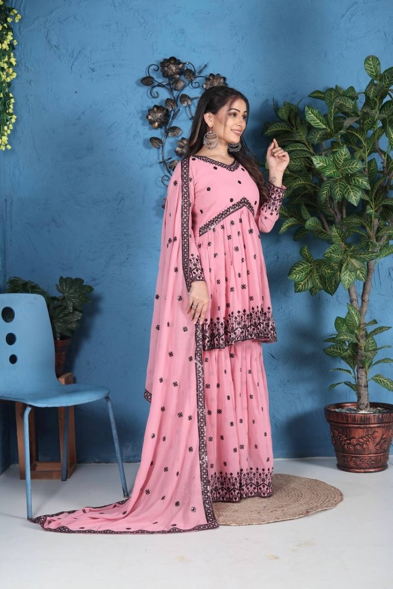 Pink Georgette Sharara Suit WIth Embroidery & Sequence Work - 001FASHIONFORWARD