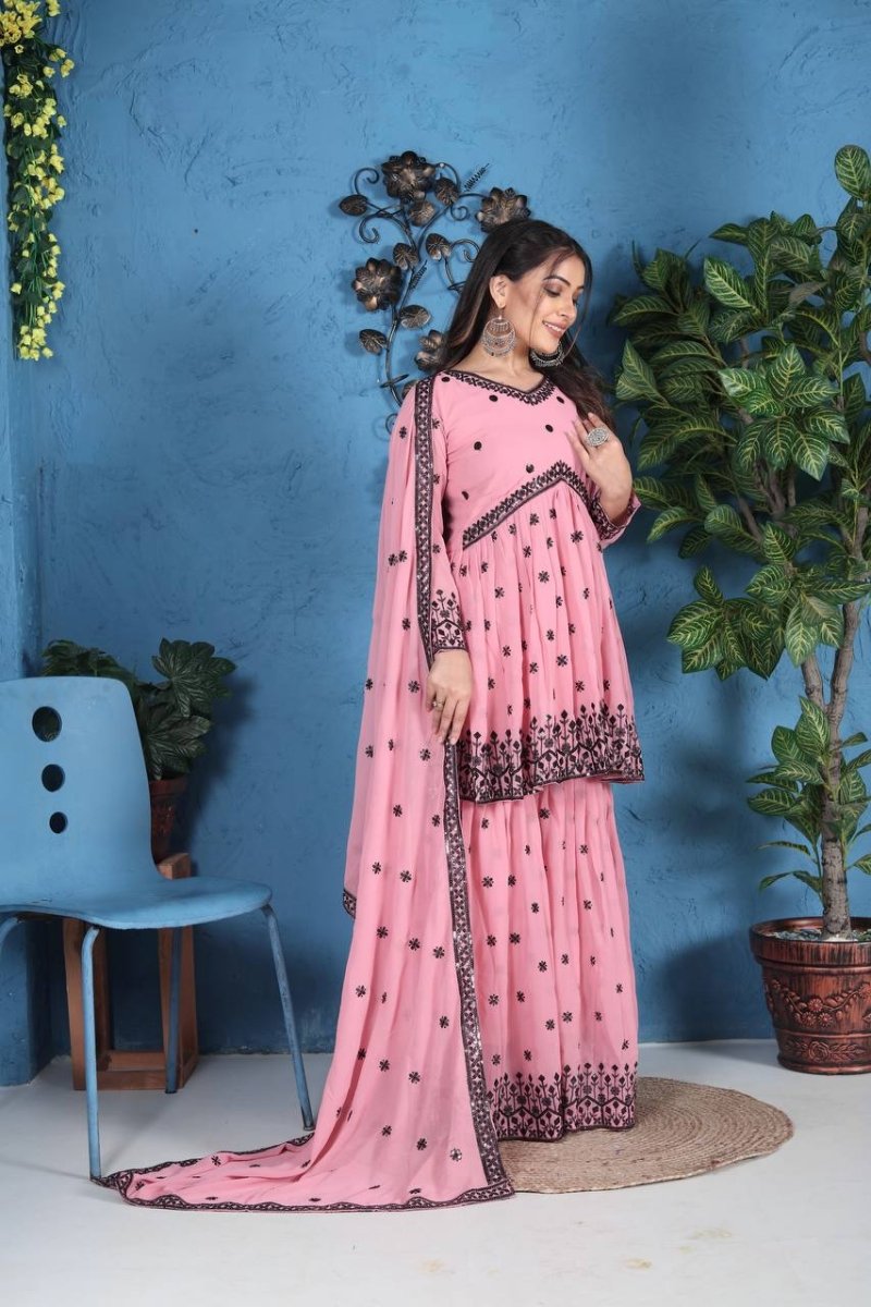 Pink Georgette Sharara Suit WIth Embroidery & Sequence Work - 001FASHIONFORWARD