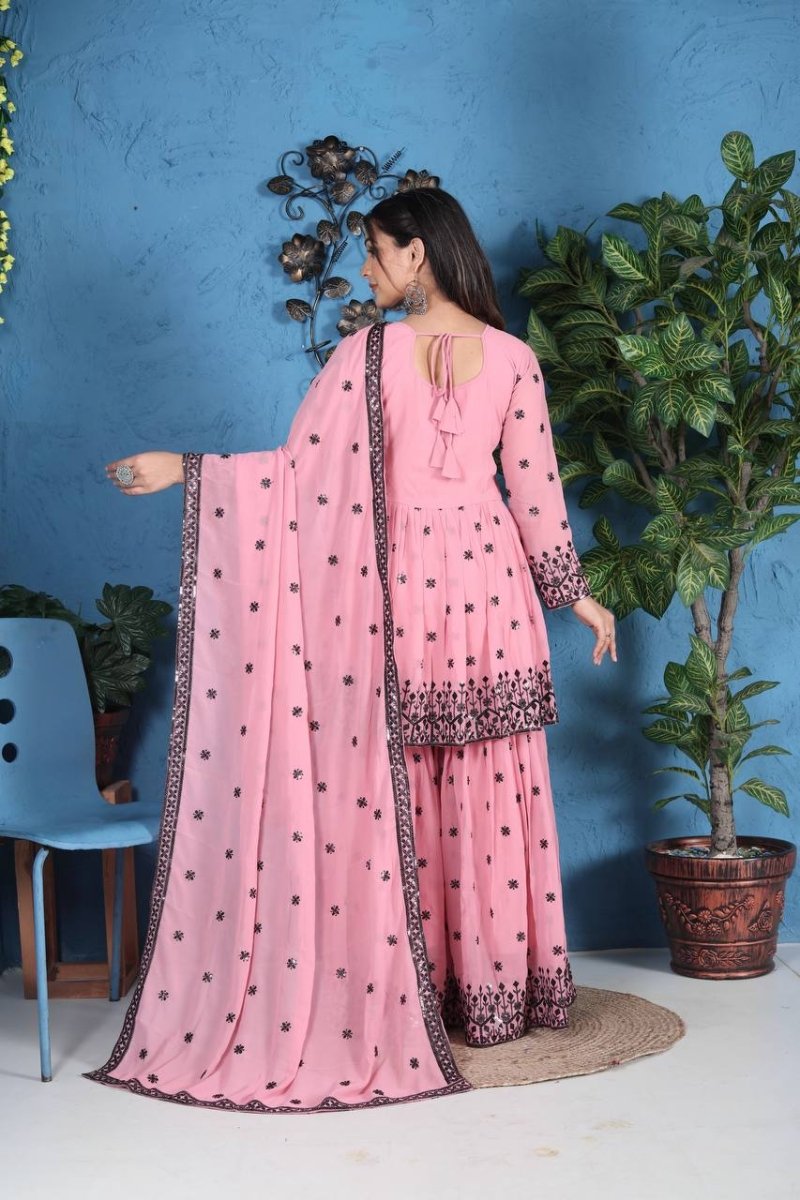 Pink Georgette Sharara Suit WIth Embroidery & Sequence Work - 001FASHIONFORWARD