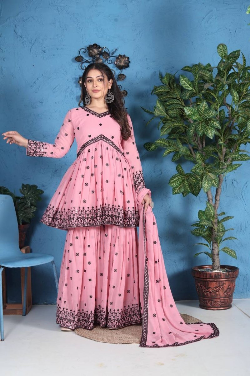 Pink Georgette Sharara Suit WIth Embroidery & Sequence Work - 001FASHIONFORWARD