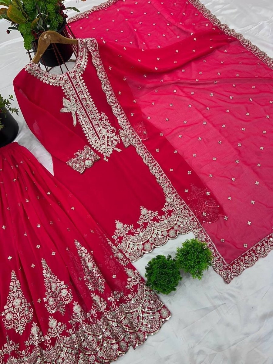 Pink Pakistani Sharara Dress with Embroidered Sequins in Faux Georgette Readymad - 001FASHIONFORWARD