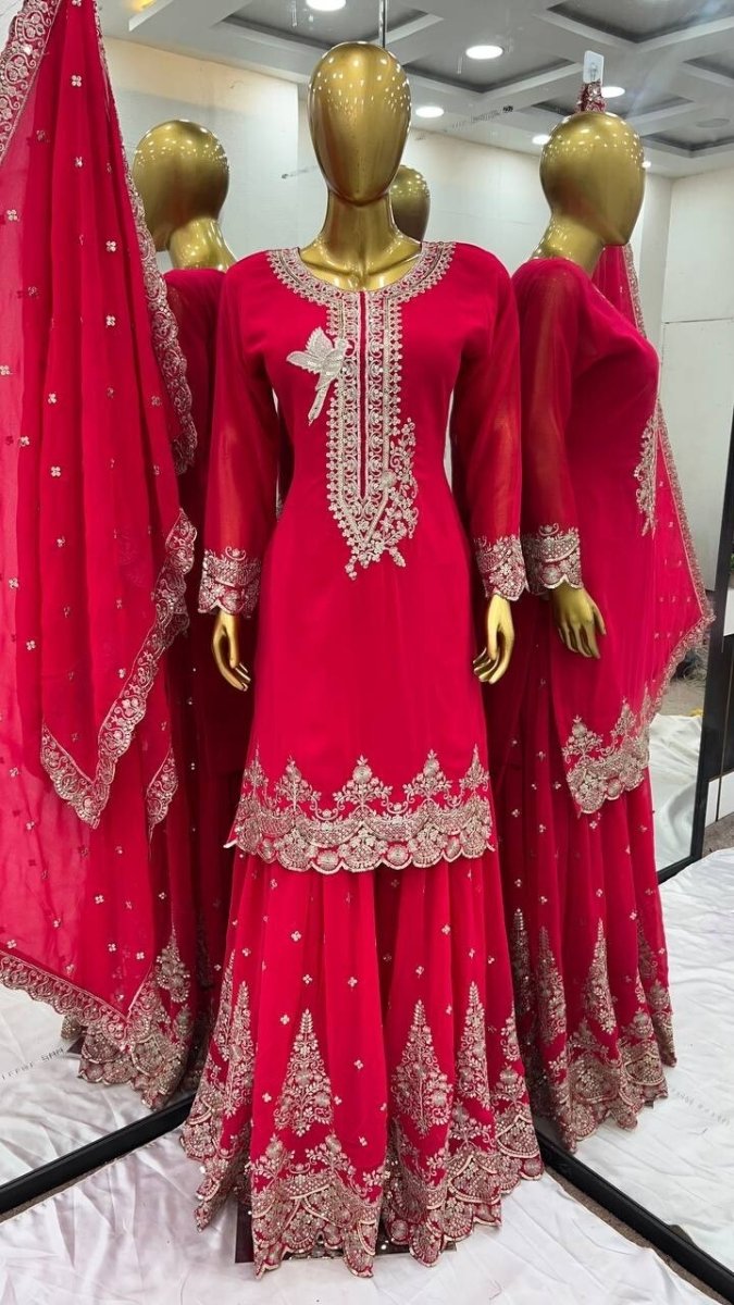 Pink Pakistani Sharara Dress with Embroidered Sequins in Faux Georgette Readymad - 001FASHIONFORWARD