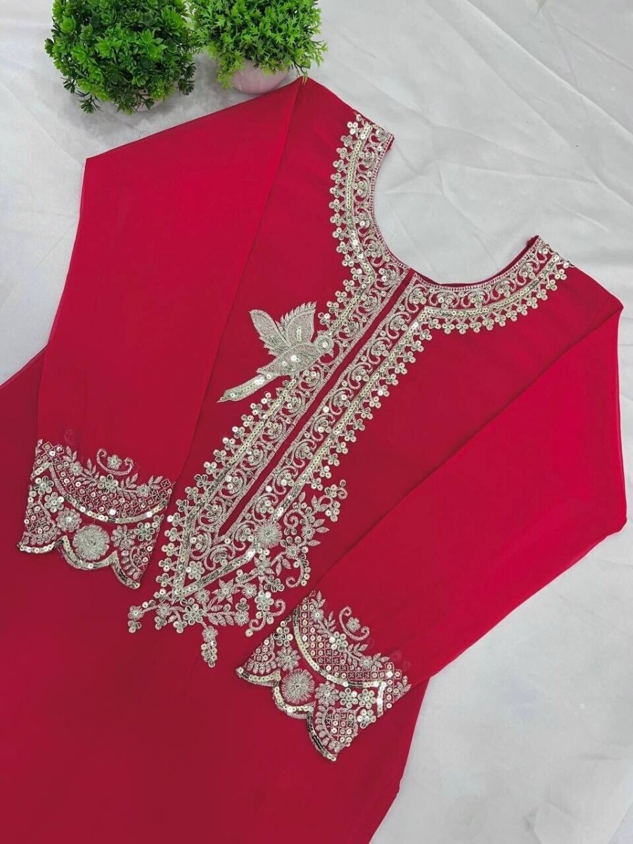 Pink Pakistani Sharara Dress with Embroidered Sequins in Faux Georgette Readymad - 001FASHIONFORWARD