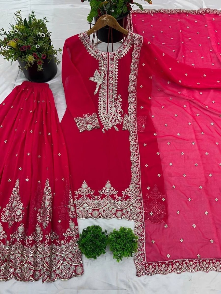 Pink Pakistani Sharara Dress with Embroidered Sequins in Faux Georgette Readymad - 001FASHIONFORWARD