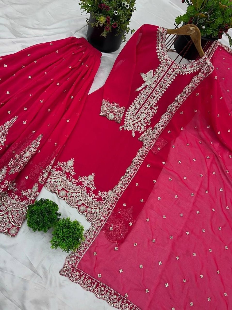Pink Pakistani Sharara Dress with Embroidered Sequins in Faux Georgette Readymad - 001FASHIONFORWARD