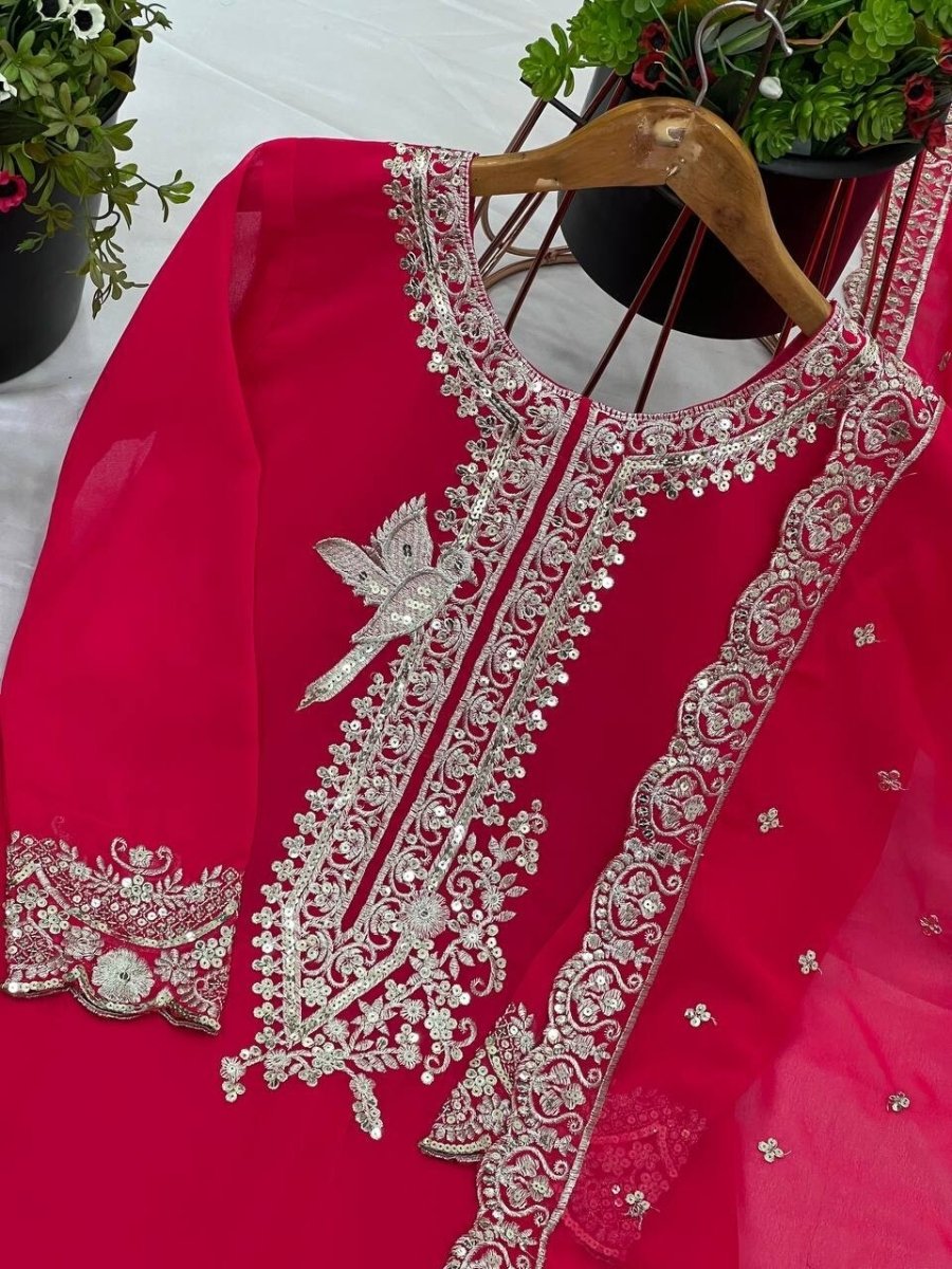 Pink Pakistani Sharara Dress with Embroidered Sequins in Faux Georgette Readymad - 001FASHIONFORWARD