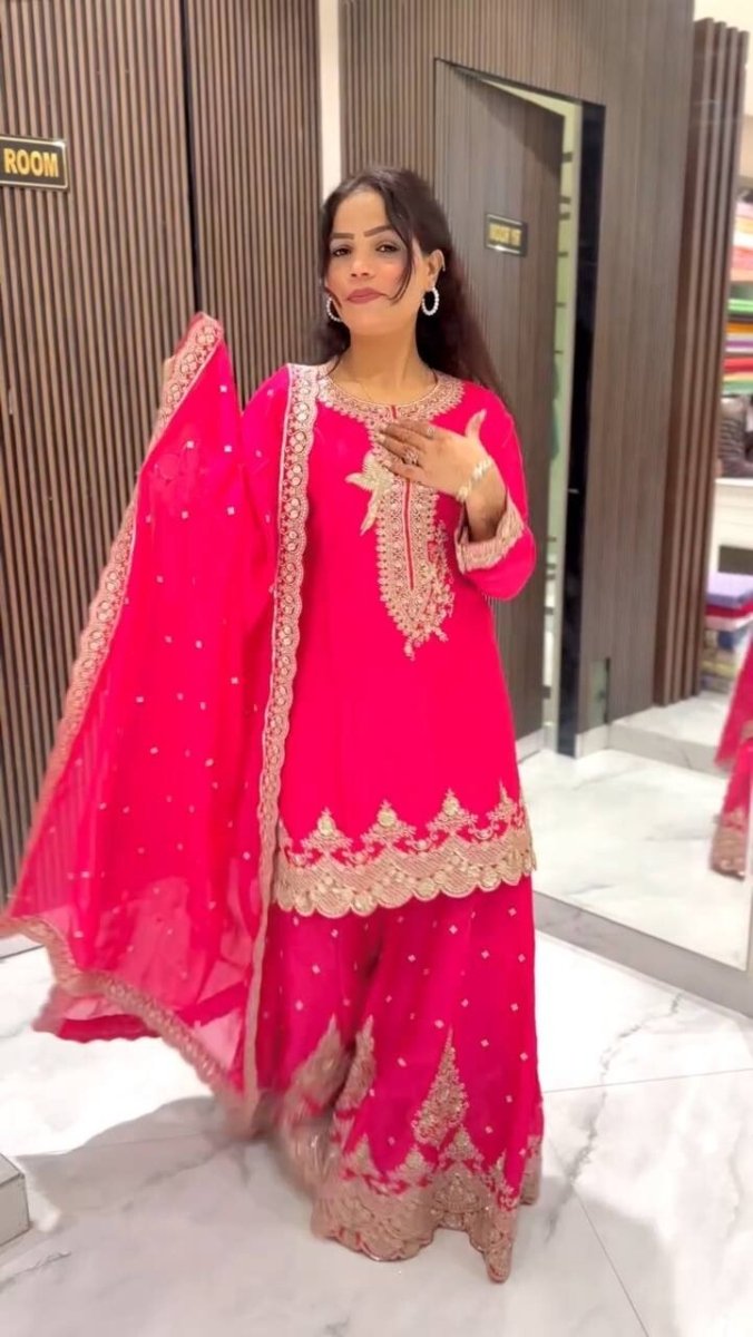 Pink Pakistani Sharara Dress with Embroidered Sequins in Faux Georgette Readymad - 001FASHIONFORWARD