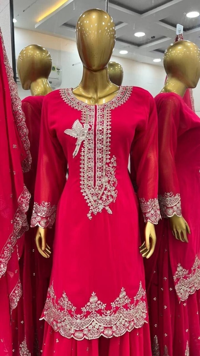 Pink Pakistani Sharara Dress with Embroidered Sequins in Faux Georgette Readymad - 001FASHIONFORWARD