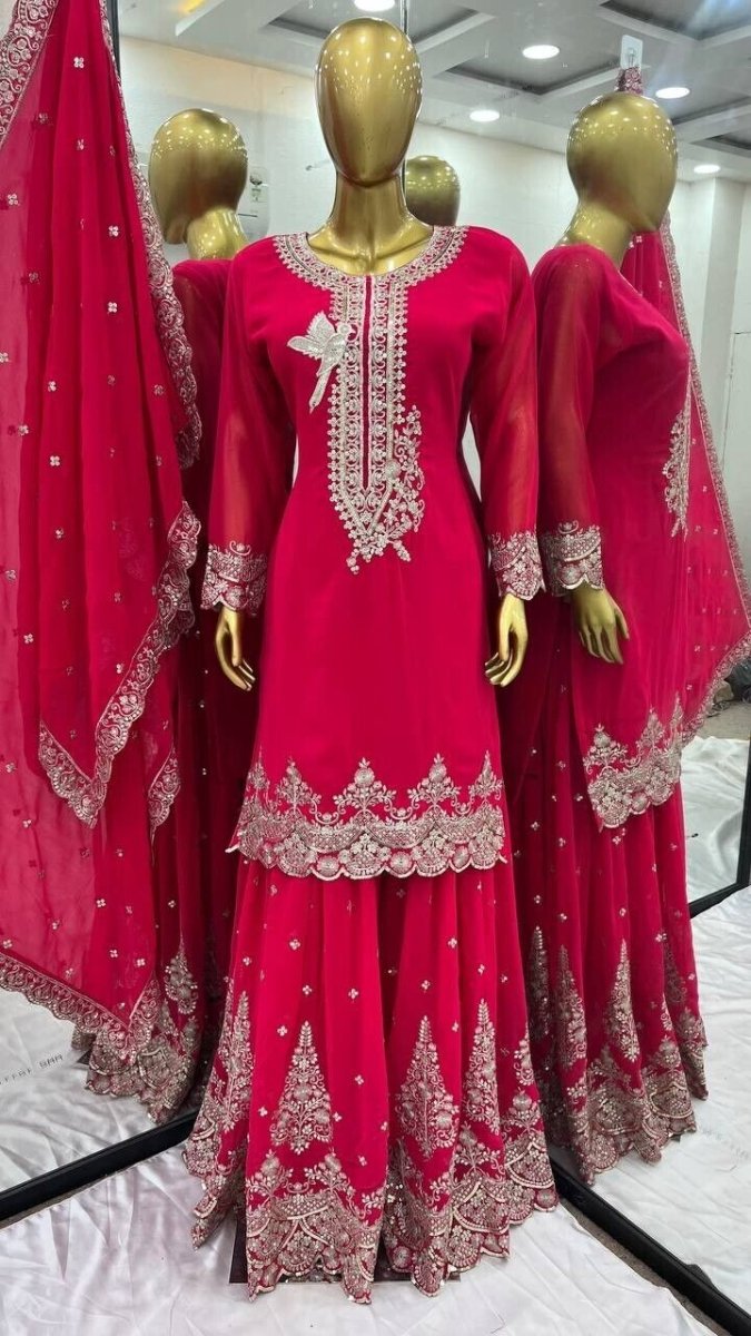 Pink Pakistani Sharara Dress with Embroidered Sequins in Faux Georgette Readymad - 001FASHIONFORWARD