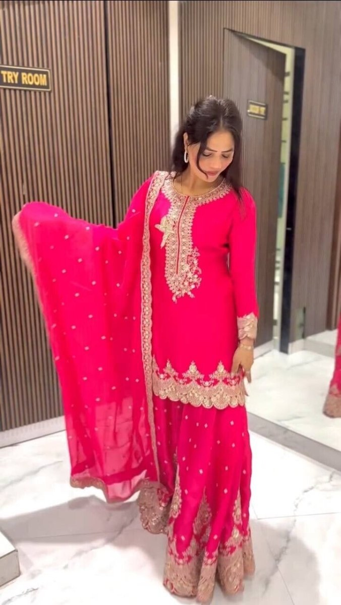 Pink Pakistani Sharara Dress with Embroidered Sequins in Faux Georgette Readymad - 001FASHIONFORWARD