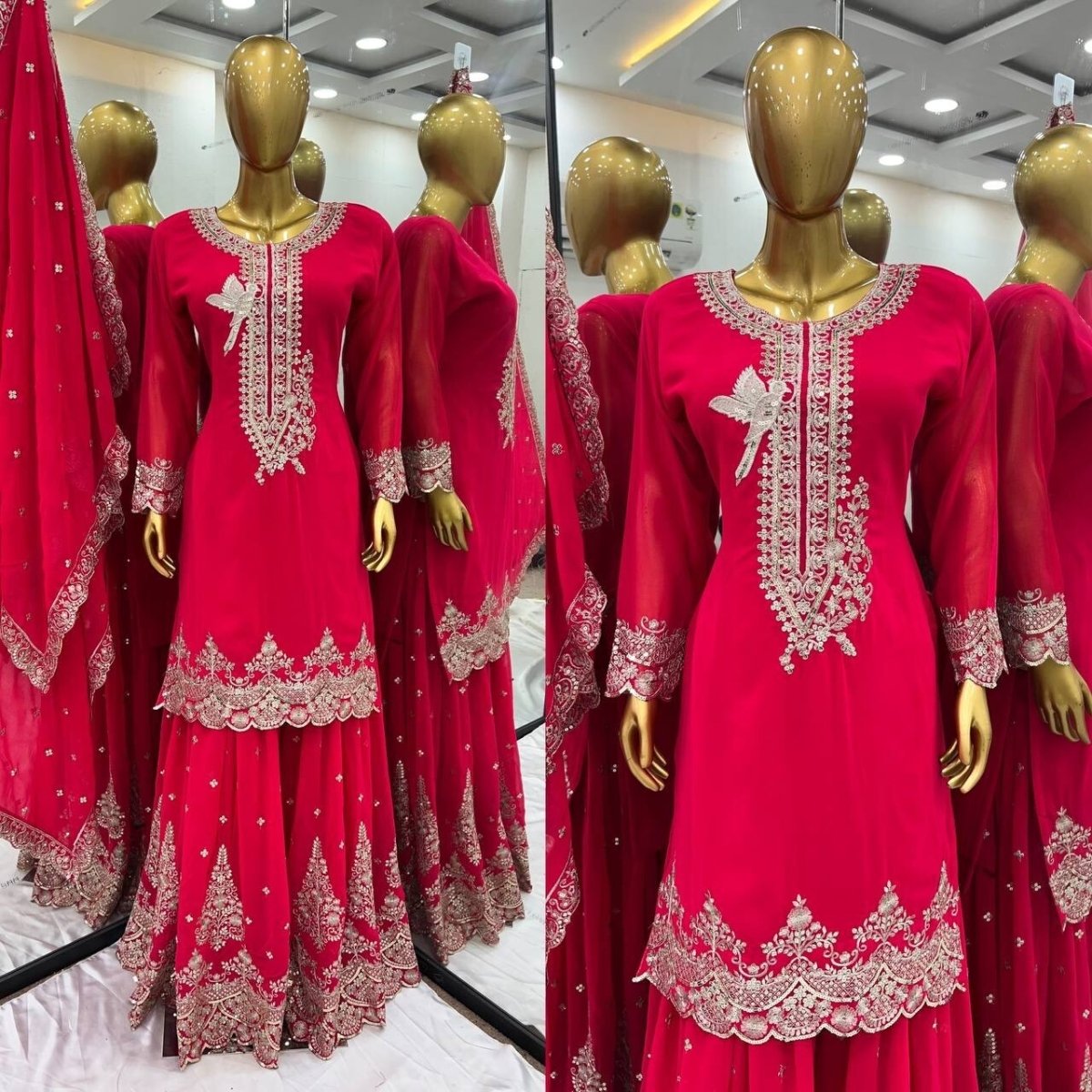 Pink Pakistani Sharara Dress with Embroidered Sequins in Faux Georgette Readymad - 001FASHIONFORWARD