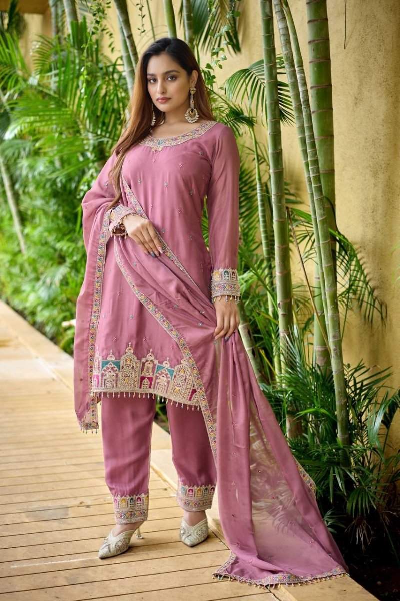 Pink Silk Salwar Kameez Suit With 5mm Sequin Embroidery - 001FASHIONFORWARD