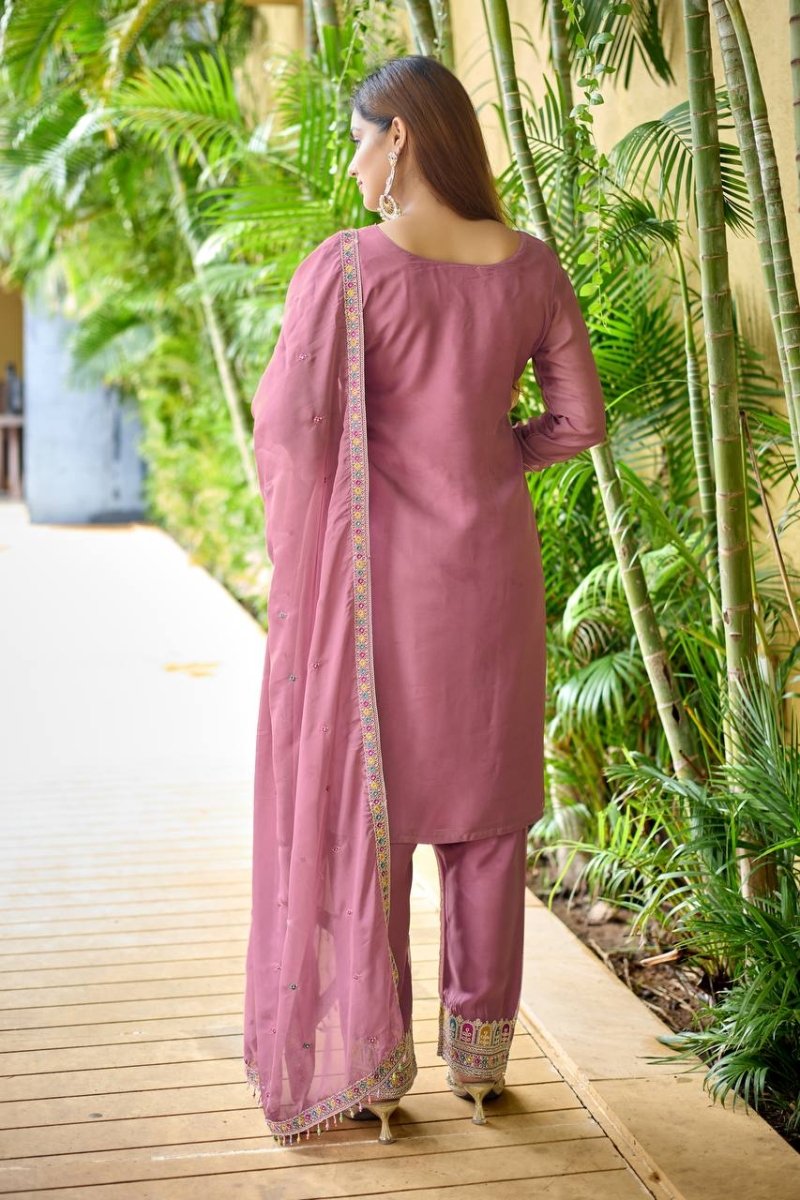 Pink Silk Salwar Kameez Suit With 5mm Sequin Embroidery - 001FASHIONFORWARD