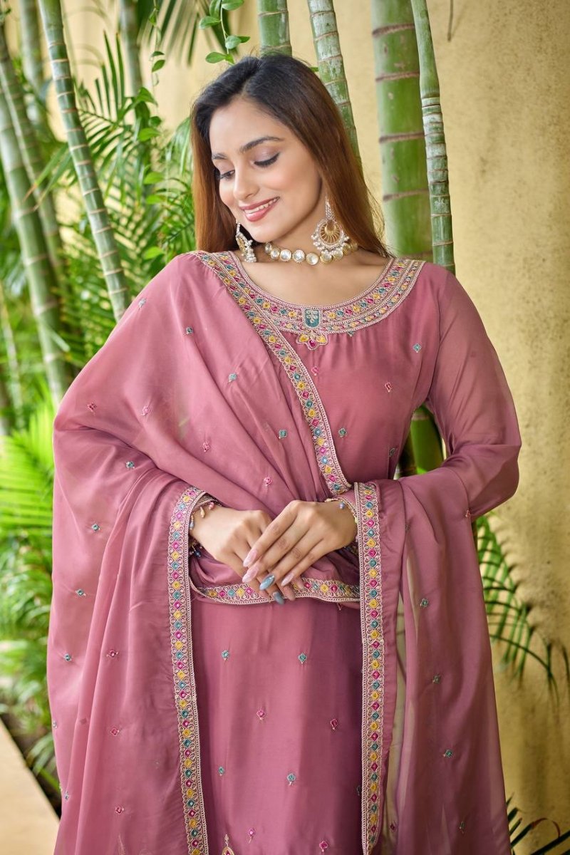 Pink Silk Salwar Kameez Suit With 5mm Sequin Embroidery - 001FASHIONFORWARD