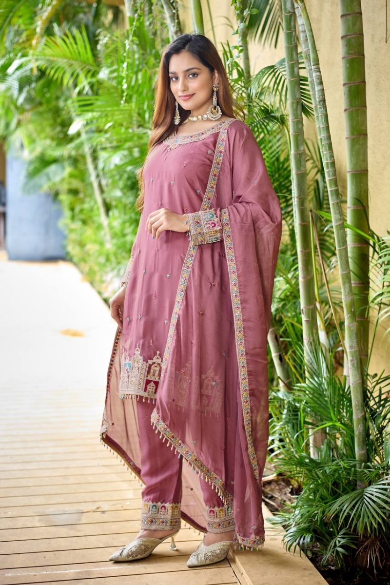 Pink Silk Salwar Kameez Suit With 5mm Sequin Embroidery - 001FASHIONFORWARD