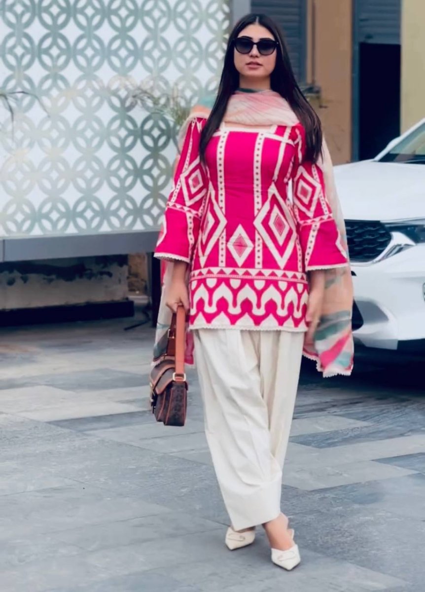 Pink & White Designer Farsi Salwar Suit WIth Chiffon Duppatta Suit set - 001FASHIONFORWARD