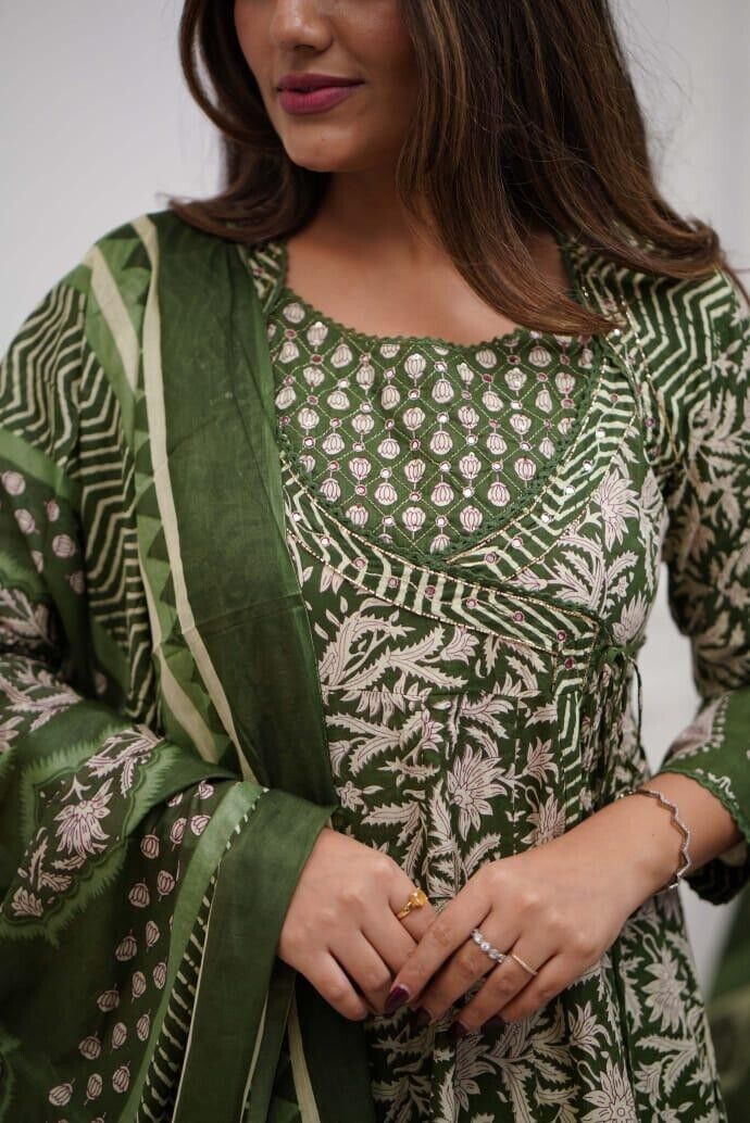 Printed Floral Cotton Anarkali Gown Suit – Bollywood Style Ethnic Wedding Dress - 001FASHIONFORWARD