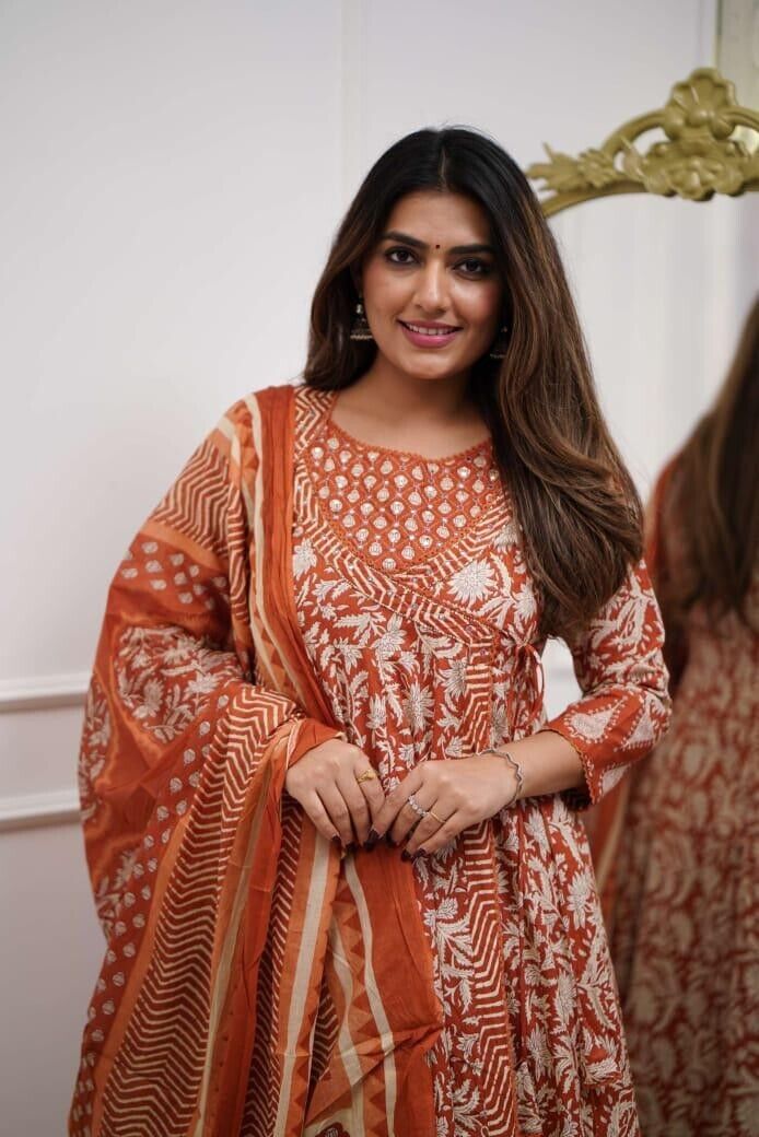 Printed Floral Cotton Anarkali Gown Suit – Bollywood Style Ethnic Wedding Dress - 001FASHIONFORWARD