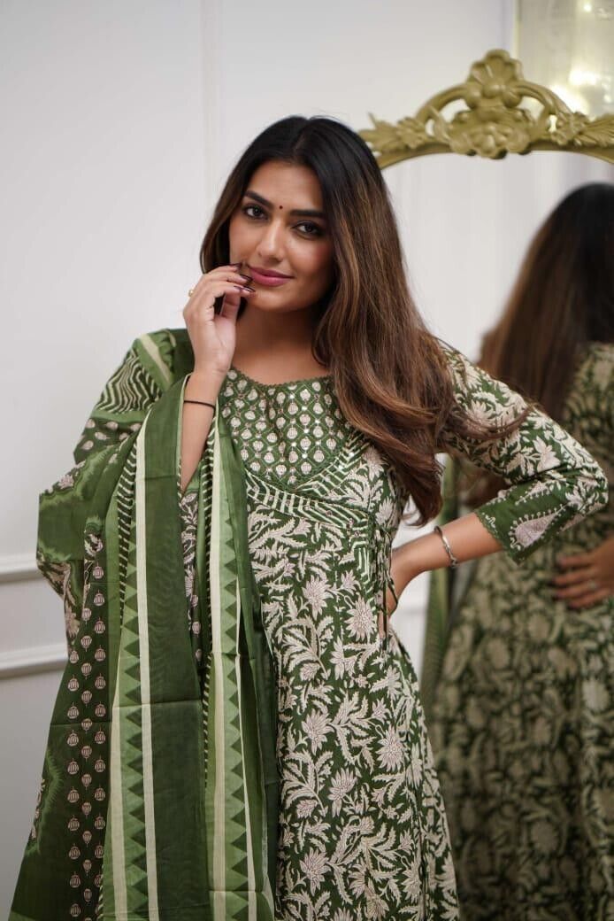 Printed Floral Cotton Anarkali Gown Suit – Bollywood Style Ethnic Wedding Dress - 001FASHIONFORWARD